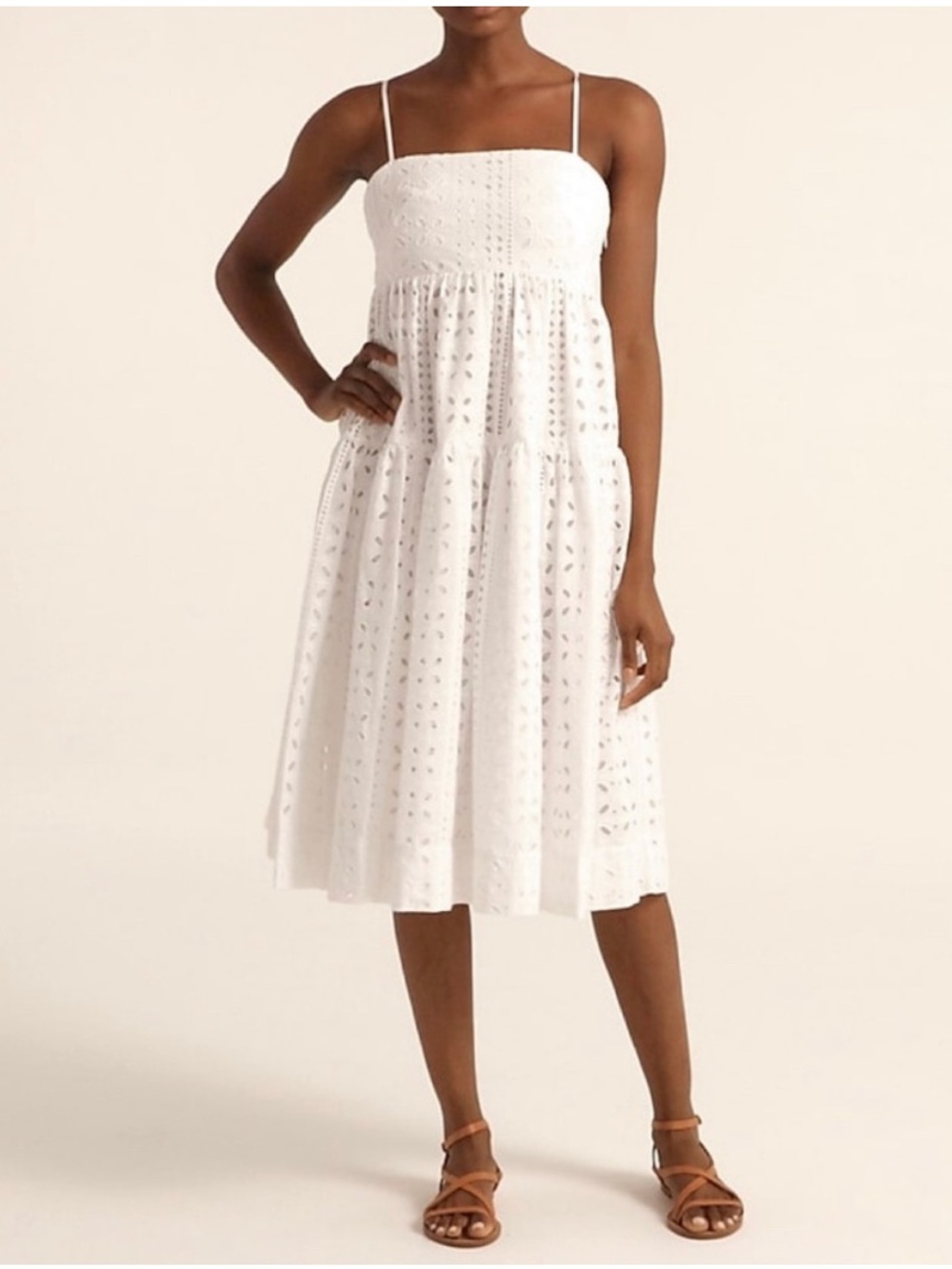 Like New J. CREW TIE BACK TIERED WHITE EYELET SPAGHETTI STRAP DRESS 4